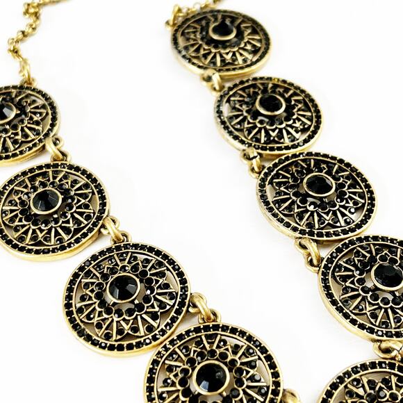 J. Crew Gold & Black Rhinestone Medallion Statement Necklace - Picture 5 of 7
